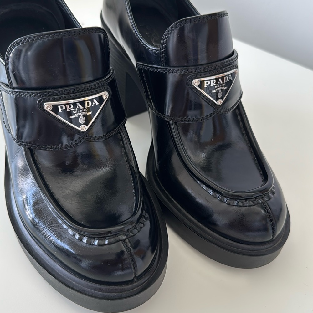 Prada Women's Chocolate Brushed Leather Heeled loafers size 36.5 - Picture 5 of 16